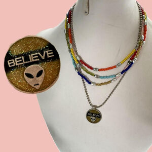 Alien Pendant + Rainbow Bead Necklace Duo